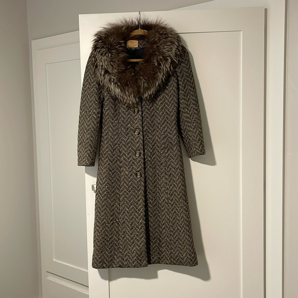 One of a Kind; Winter wool coat; open back vent, fox collar and fully lined.